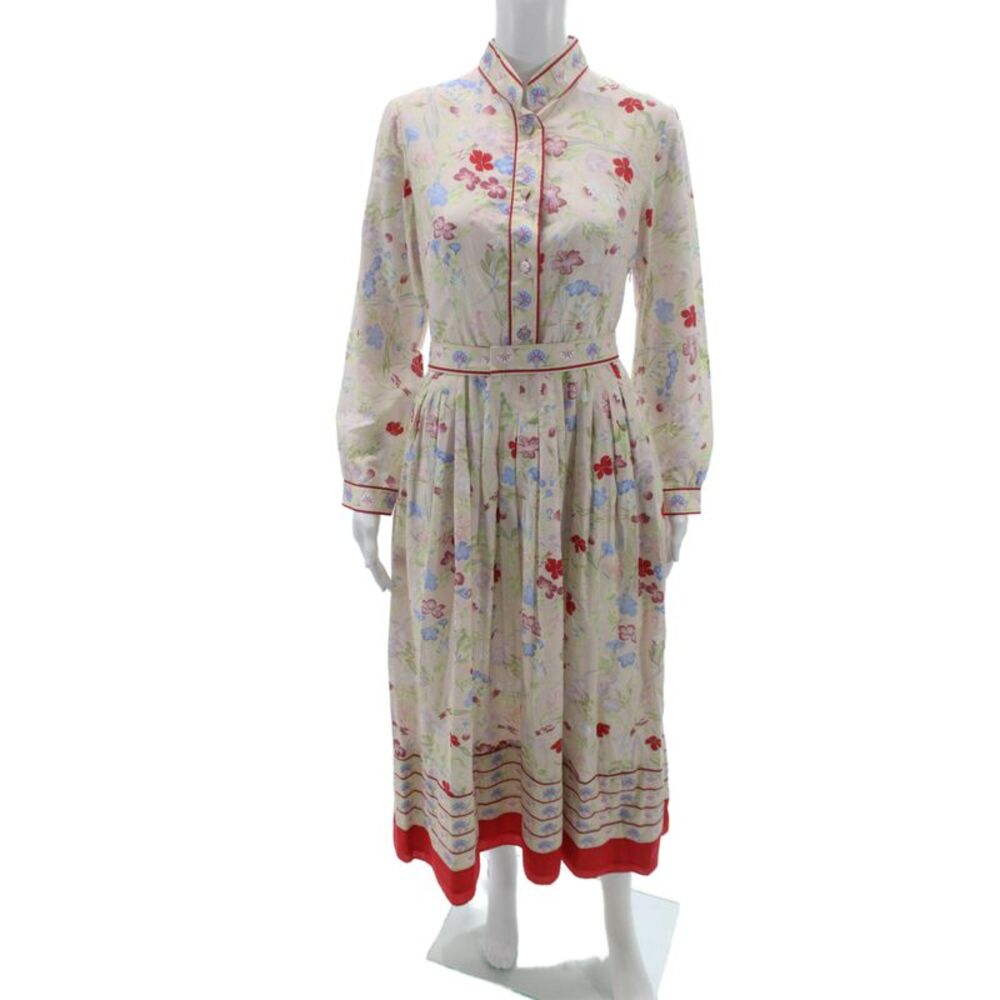 Luisa Beccaria Women Beige Floral Cotton Collar Shirt Dress Long Sleeve Size 42